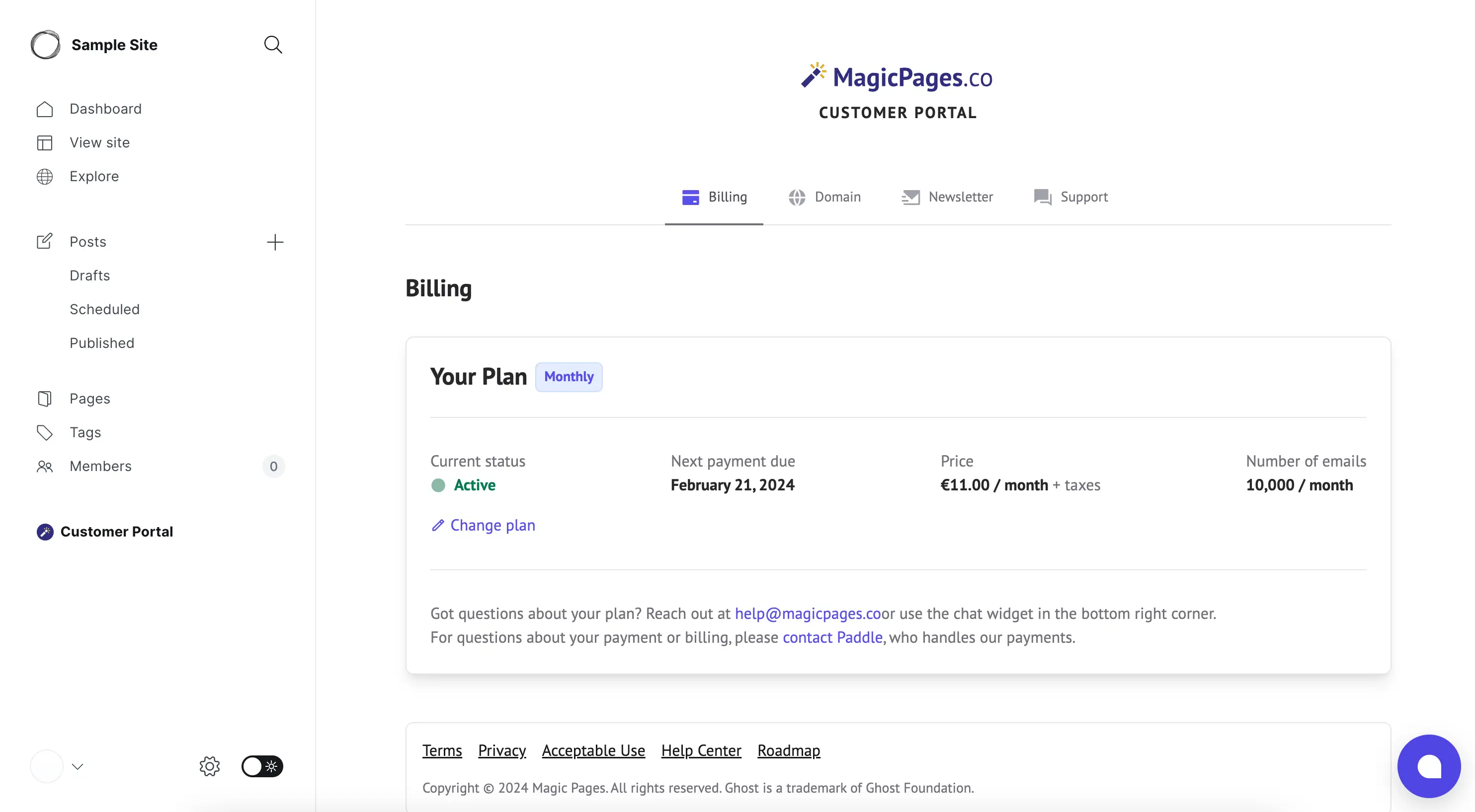 Screenshot of the integrated Magic Pages customer portal